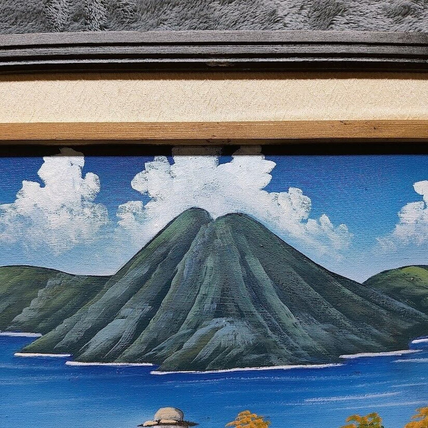 24" x 20" painting on Canvas by Leo osorio Framed and Mated Lake & Volcano