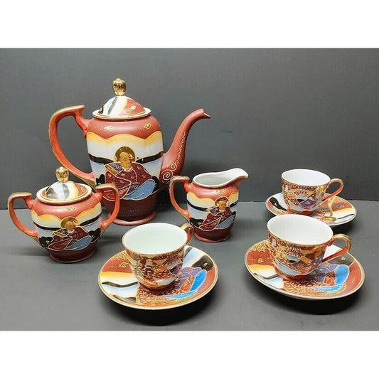 Occupied Japan COFFEE / TEA SET MORIAGE SATSUMA STYLE GEISHA HAND PAINTED 14 PCS