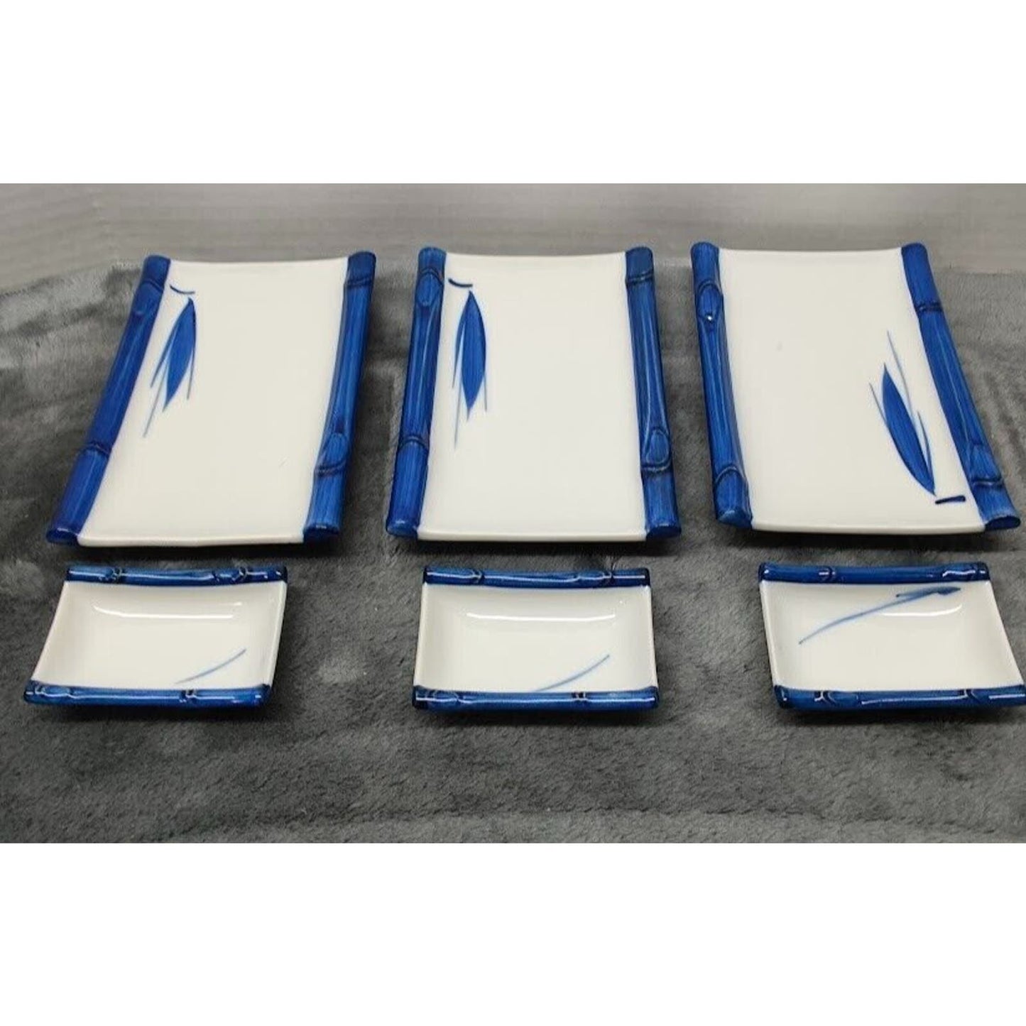 Set of 3 Kafuh Japan Sushi Serving Plates and Bowls,Blue & White Bamboo Pattern