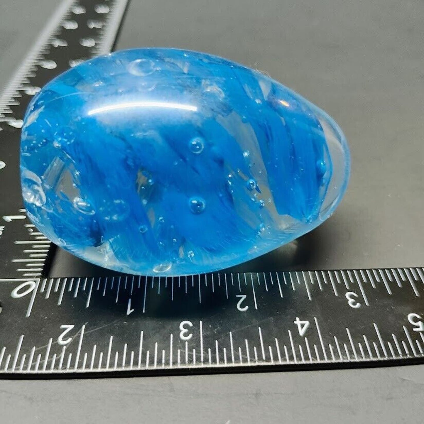 Vintage Glass Paperweight Egg Shape Blue Swirl With Bubbles 3 Inch