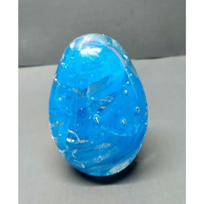 Vintage Glass Paperweight Egg Shape Blue Swirl With Bubbles 3 Inch