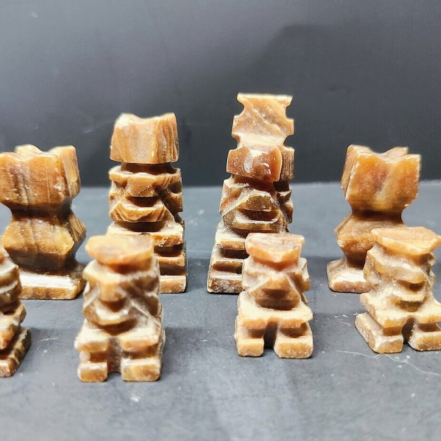 Carved Mexican Aztec Stone Marble Onyx Chess Pieces -Brown & White 32pc-complete