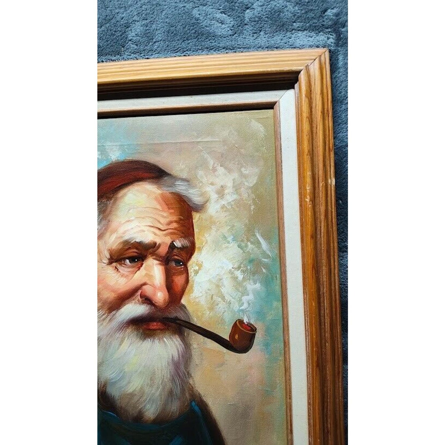 VTG Signed Benson Old Man Portrait Smoking Pipe Oil Canvas Painting Framed