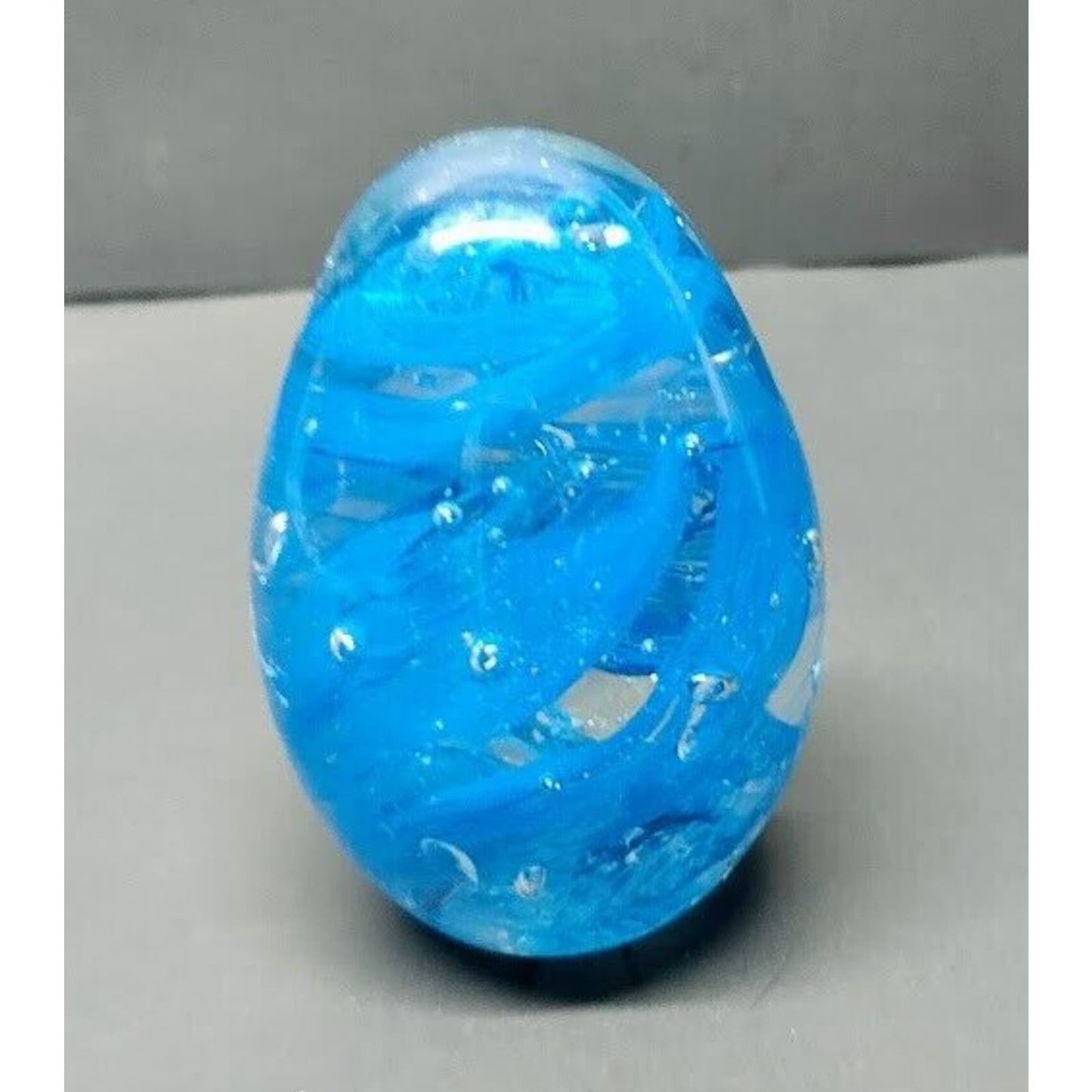 Vintage Glass Paperweight Egg Shape Blue Swirl With Bubbles 3 Inch