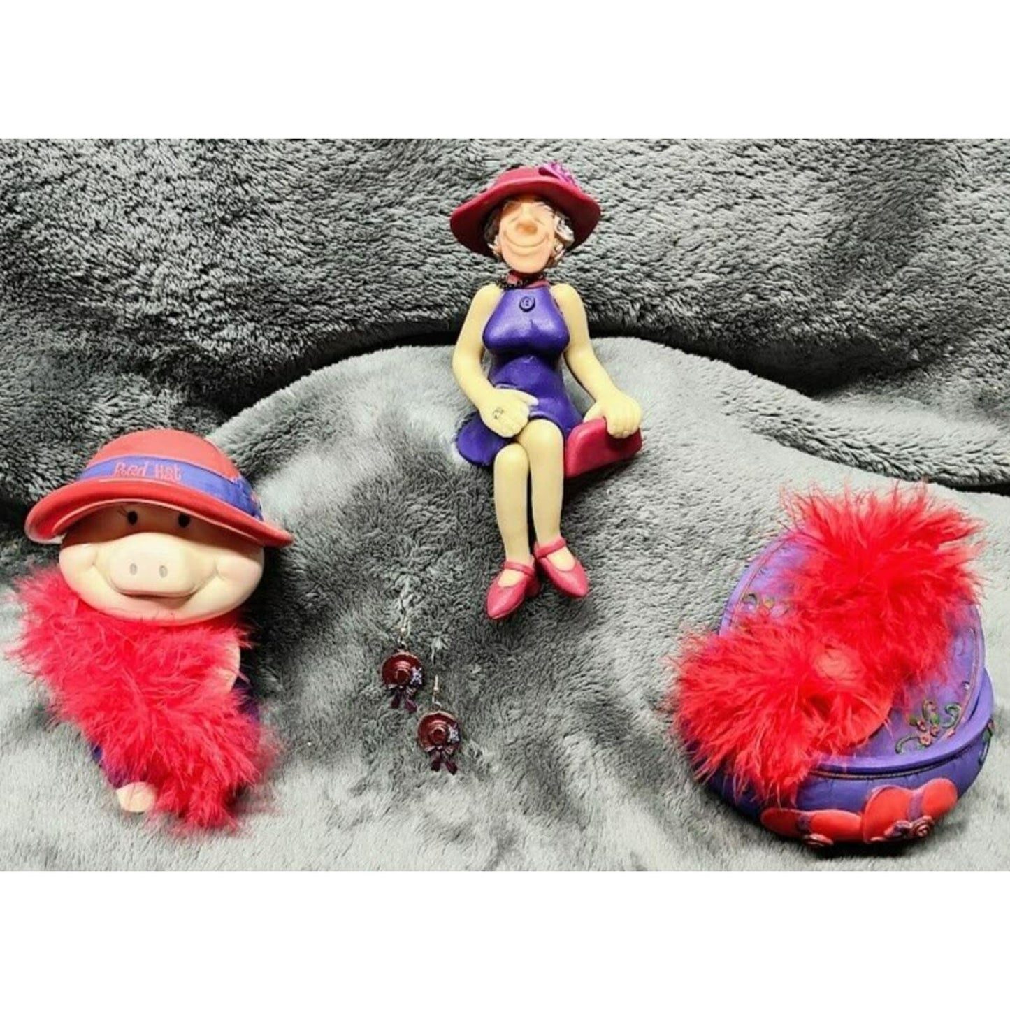 Red Hat society items 4 pcs - shelf sitter, bobble head, earrings, trinket box