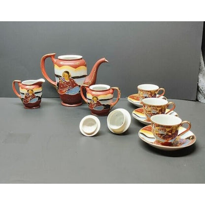 Occupied Japan COFFEE / TEA SET MORIAGE SATSUMA STYLE GEISHA HAND PAINTED 14 PCS