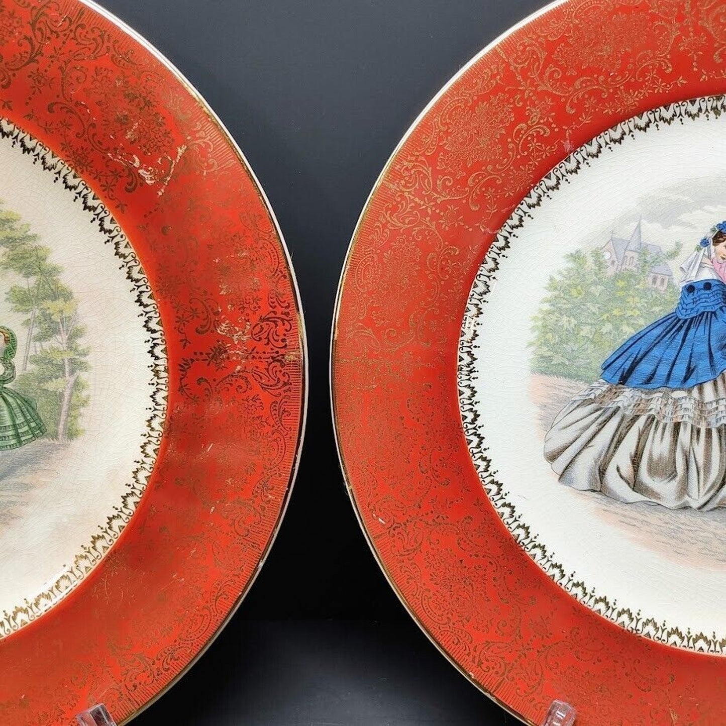 Vintage M R Victorian Red Filigree Hand Painted Gold Porcelain 10.75in Plates