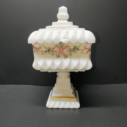 Westmoreland USA Milk Glass Wedding Covered Candy Roses & Bows & glass candy 10"