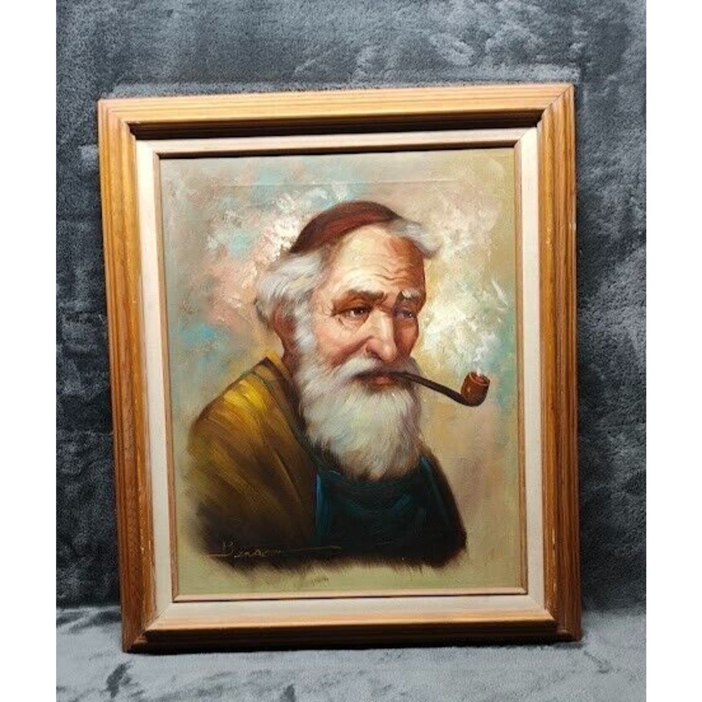 VTG Signed Benson Old Man Portrait Smoking Pipe Oil Canvas Painting Framed