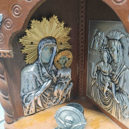 Antique Russian Orthodox Wooden Iconostasis Shrine w/Lamp