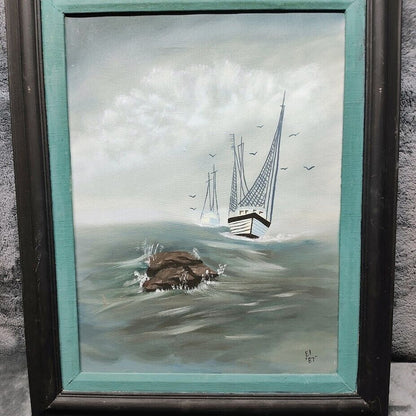 Oil Painting of Two Fishing Trawlers in a Storm with Rock Signed EL "87" 16x20