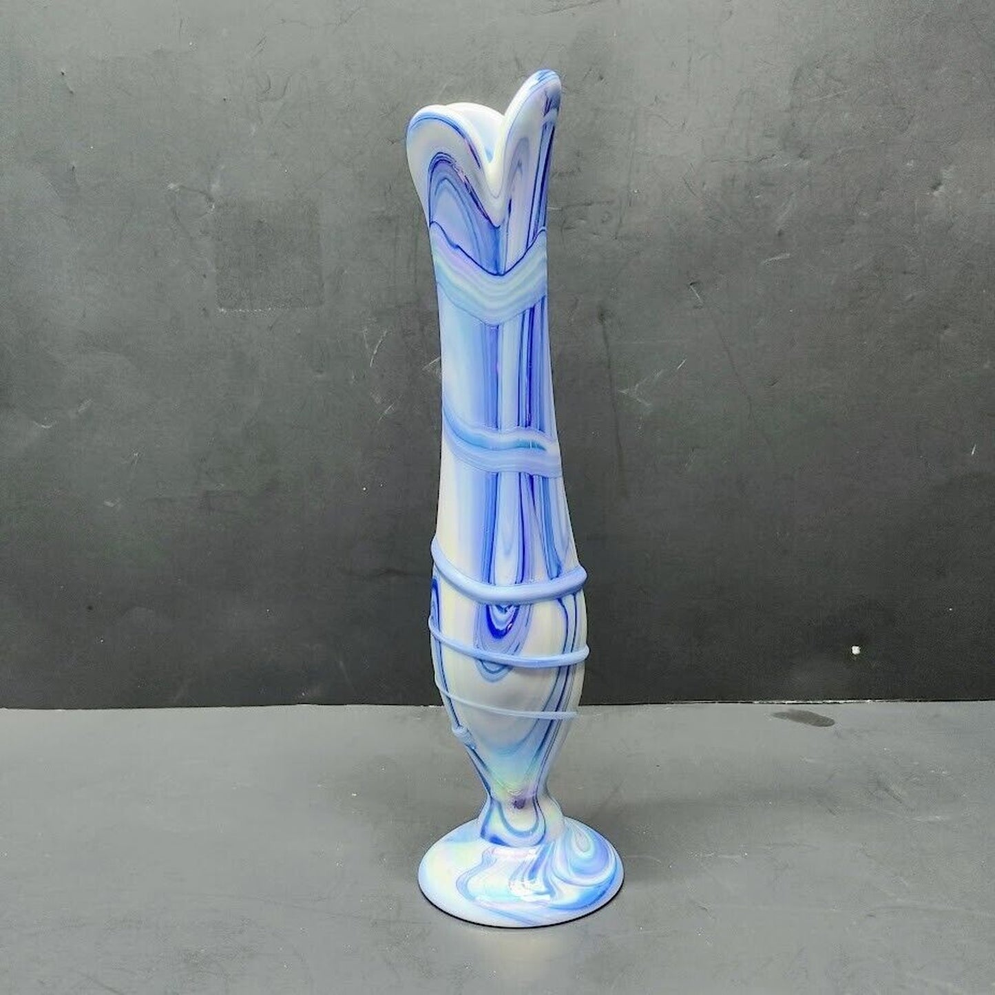 Unique Vintage Art Glass Vase Tall Blue White Swirls Vase 10.5in Tall