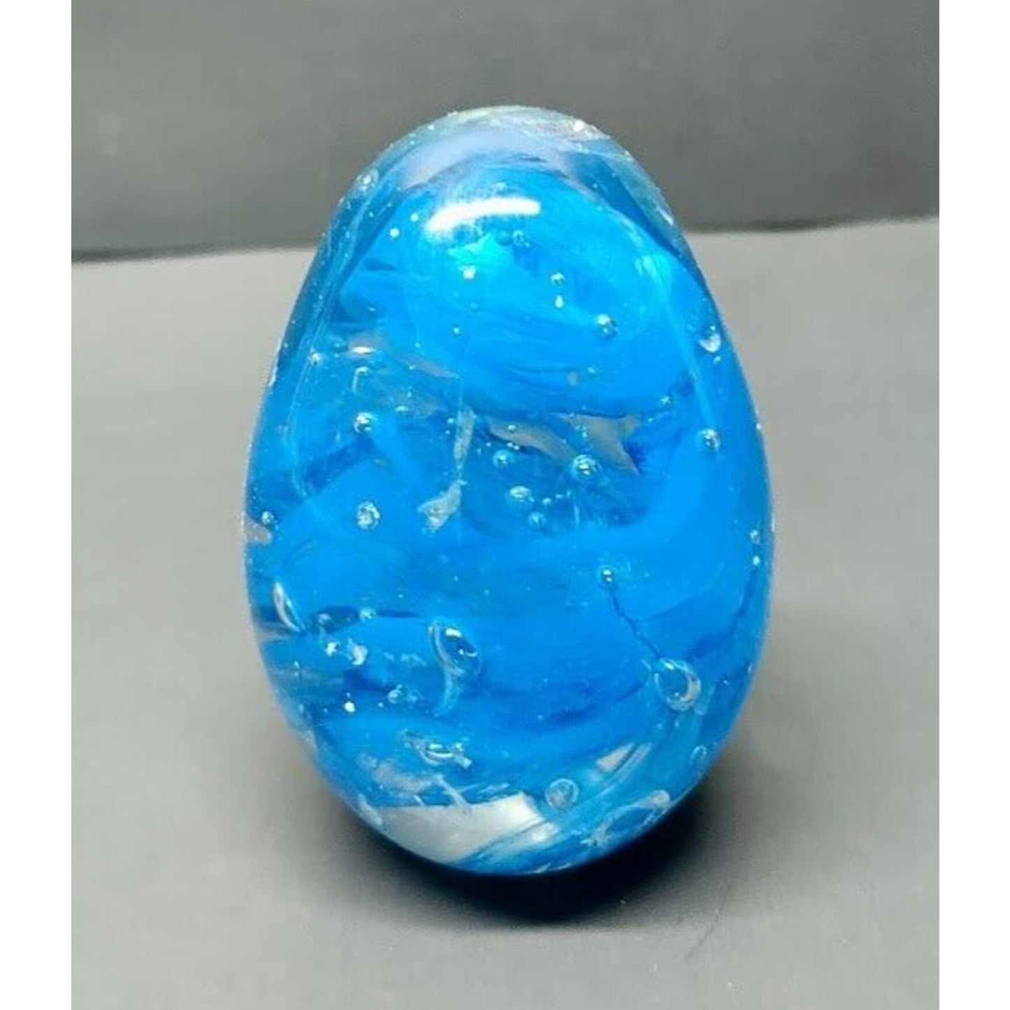 Vintage Glass Paperweight Egg Shape Blue Swirl With Bubbles 3 Inch