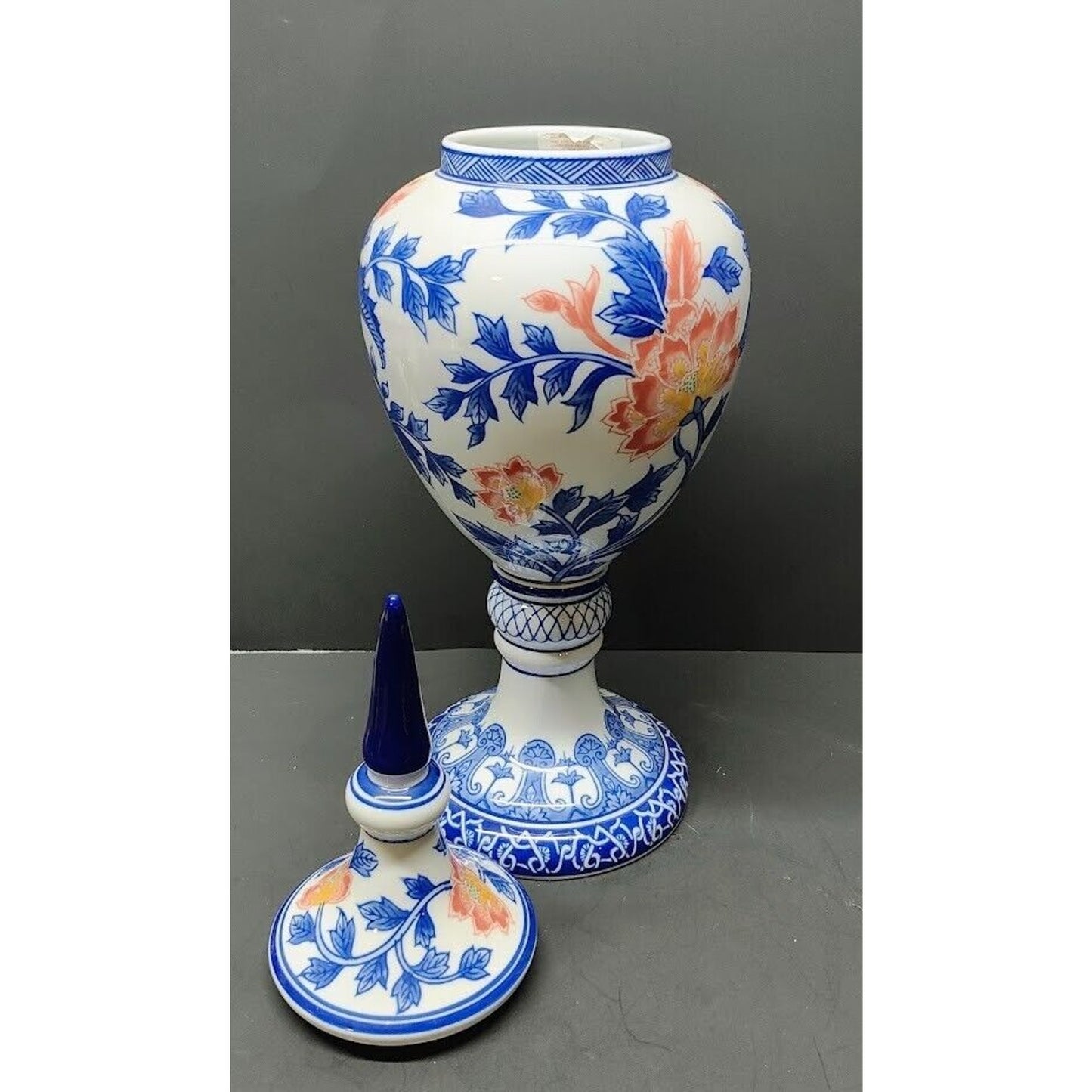 Bombay Company Blue Floral pointed lidded Urn style Large Vase 20" Tall