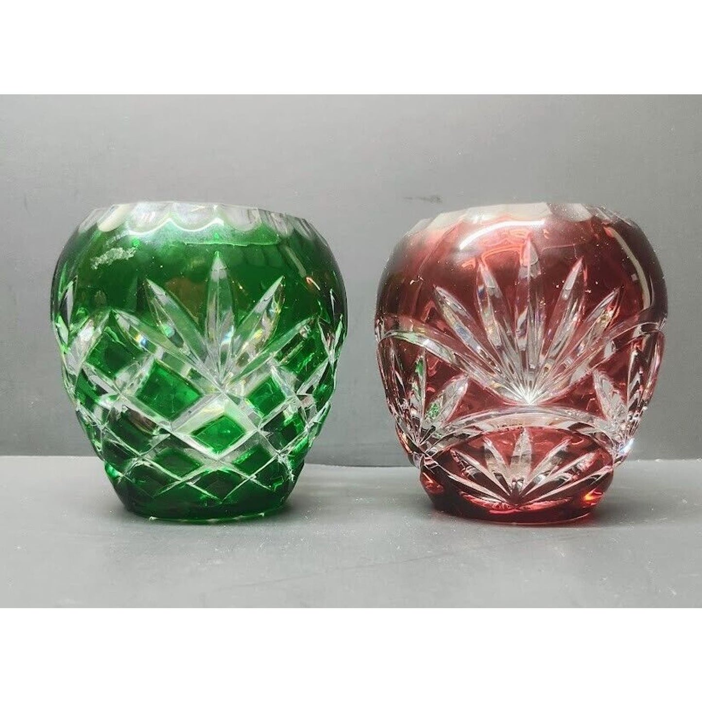 Emerald Green and Ruby Red Cut To Clear Bohemian Style candle holder Vintage