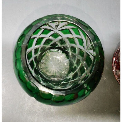 Emerald Green and Ruby Red Cut To Clear Bohemian Style candle holder Vintage