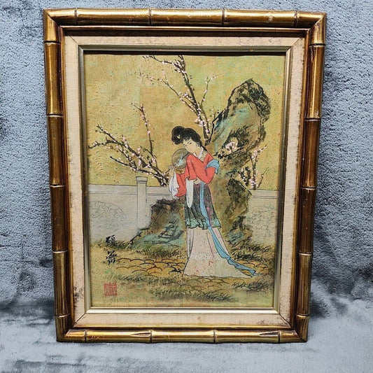 vintage Chinese Print Of Woman Geisha Fanning herself Under Tree on Cork