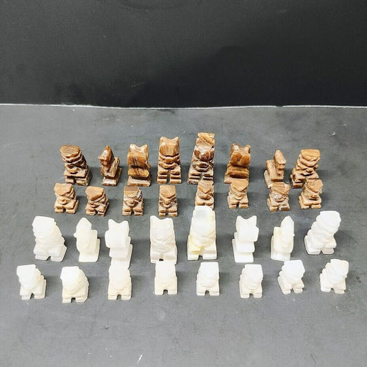 Carved Mexican Aztec Stone Marble Onyx Chess Pieces -Brown & White 32pc-complete