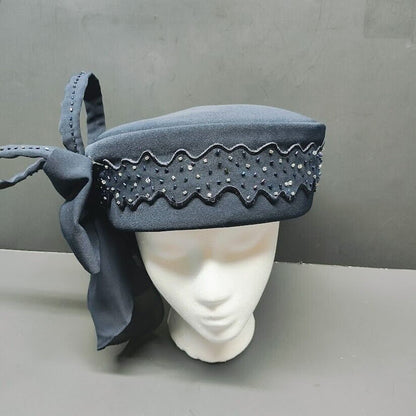 Women's Blue Ben Marc Hat Fascinator Large Blue Fabric Bow and small beads