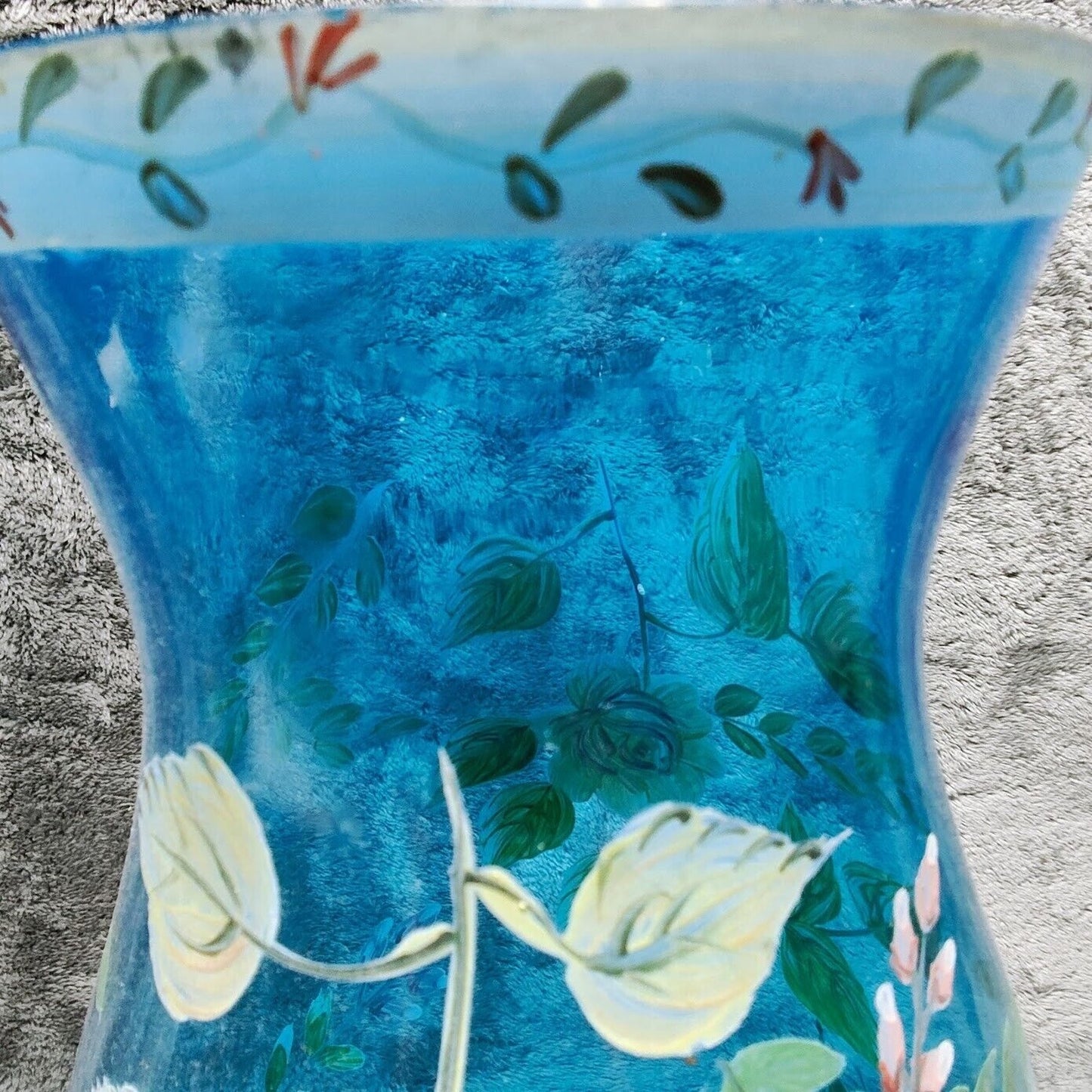 Vintage Hurricane Lamp Shade Blue Glass Chimney with Hand Painted Yellow Roses