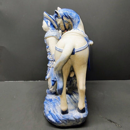 Bombay Horse & Traveler Asian Man Large 13.5” Figurine Blue White Porcelain Vtg