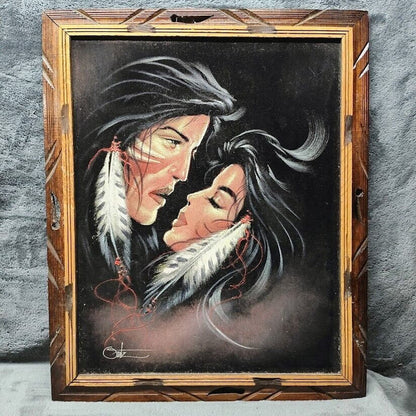 Ortiz Signed Black Velvet Oil Painting Native American Warrior & Squaw Kissing!