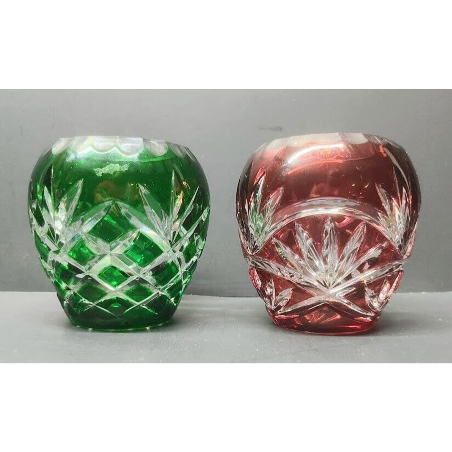 Emerald Green and Ruby Red Cut To Clear Bohemian Style candle holder Vintage