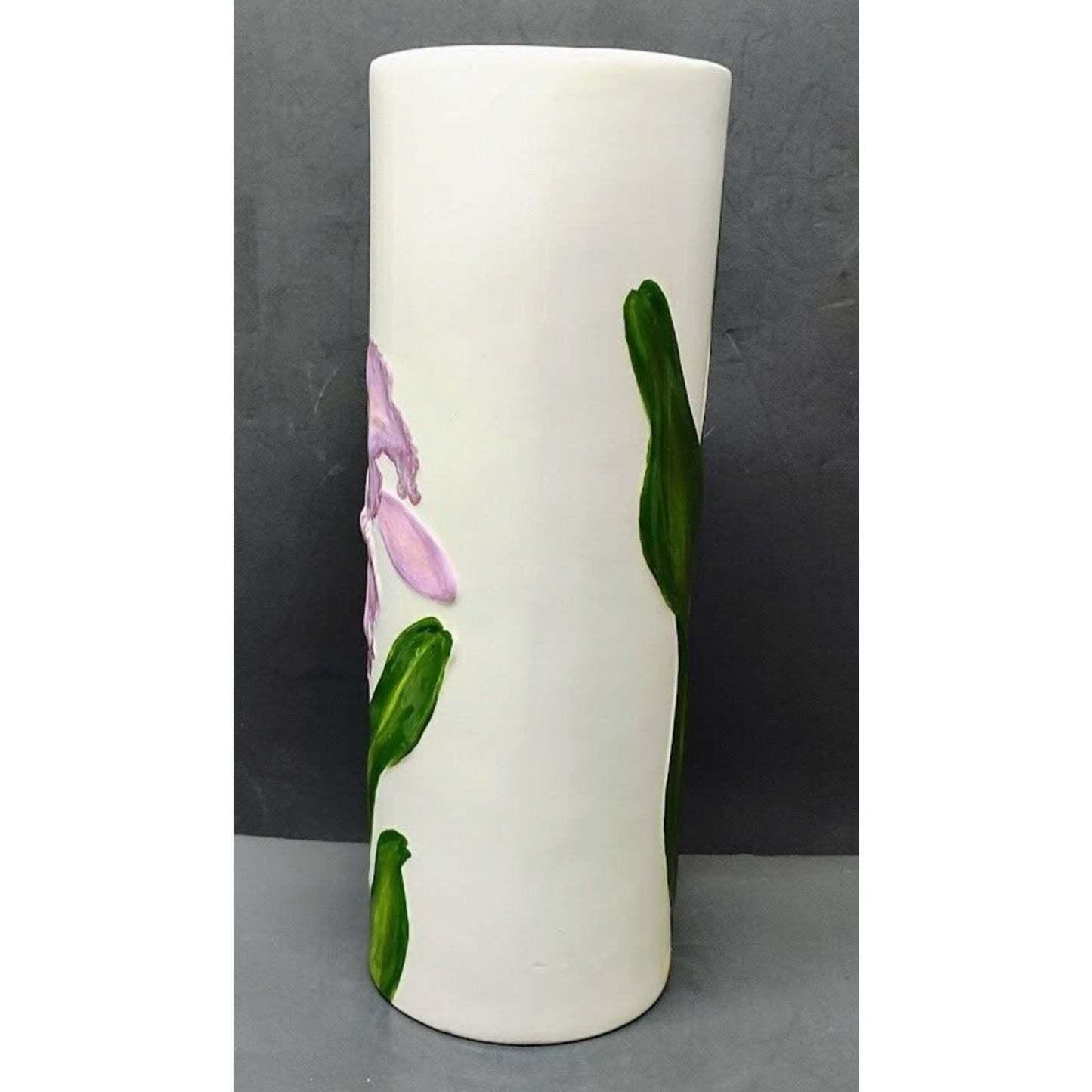 Handmade Hand Painted Porcelain Vase White Round Purple Iris 12in Tall