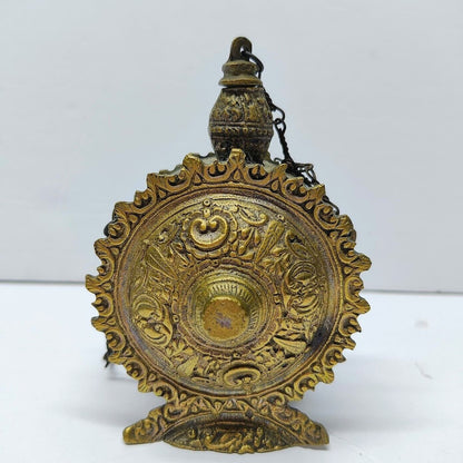 Antique Balkan Russian Powder Flask W/ Chains Repousse Metal Work 4.25" x 3"