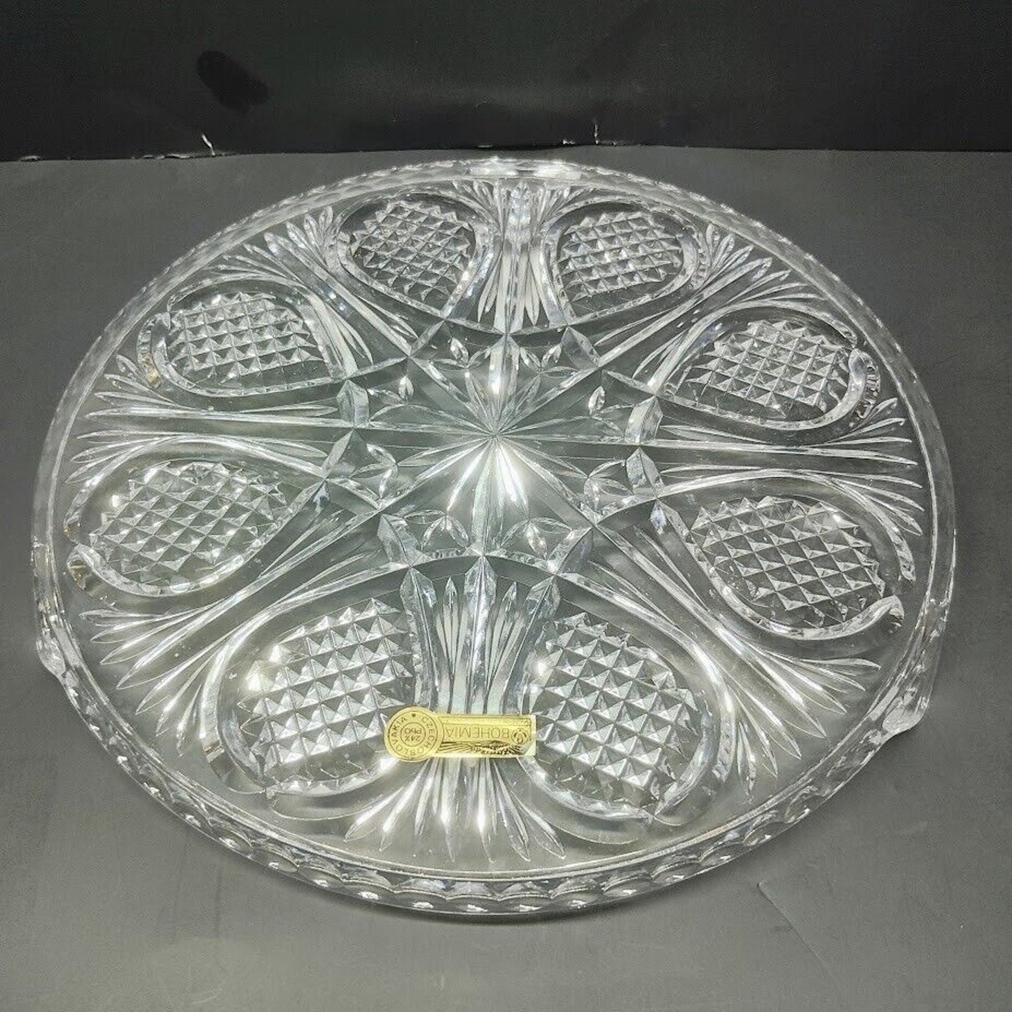 Antique Bohemian Czech Crystal Round Footed Platter 11.5” Intricate Hand Cut