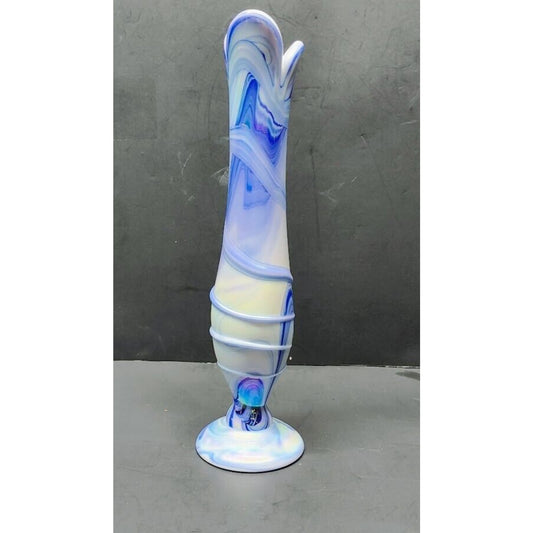 Unique Vintage Art Glass Vase Tall Blue White Swirls Vase 10.5in Tall