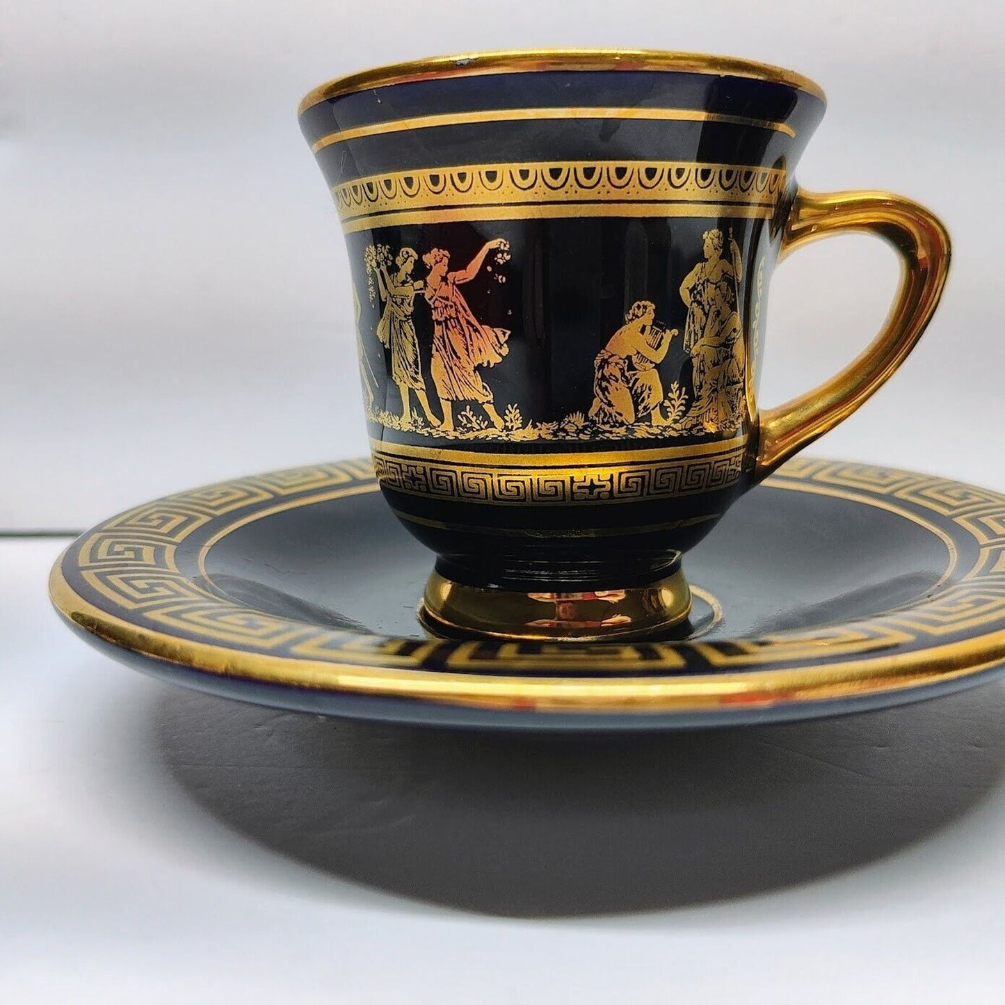 2-Greek Handmade Demitasse Cups & Saucer's Black W/ 24K Gold Vintage Spyropoulos