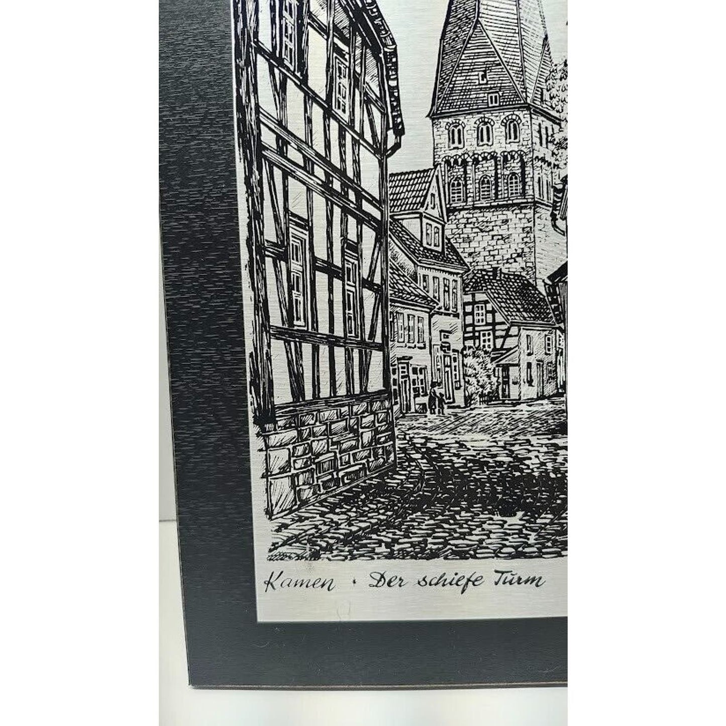 Vintage Etching On Metal Picture kamen der schiefe turm in Germany 15.5” x 9.75"