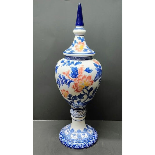 Bombay Company Blue Floral pointed lidded Urn style Large Vase 20" Tall