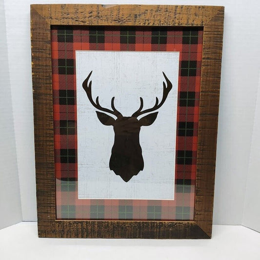 18.5" x 14.5" Wood Frame With Buffalo Plaid Deer silhouette Art