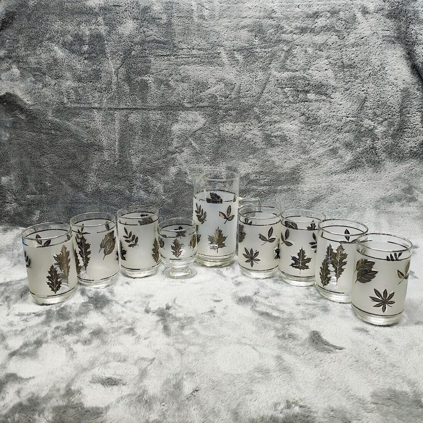 Vintage Libbey Frosted Silver Leaf Silver Foliage Pitcher & Glasses Bar Lot