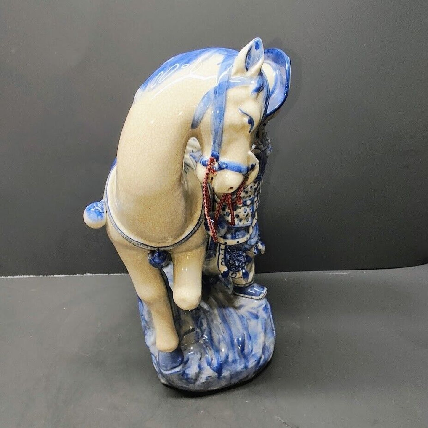 Bombay Horse & Traveler Asian Man Large 13.5” Figurine Blue White Porcelain Vtg