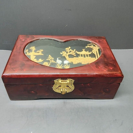 Vintage Wooden Musical Jewelry Box with Cork Art Red Rose Floral Lining