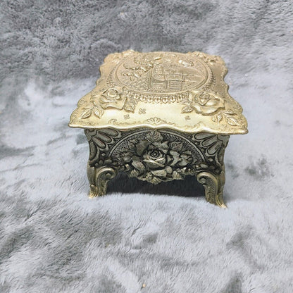 Vintage Jewelry Casket 1950s Repousse Motif Roses & Southern Lady Music Box!