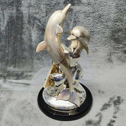 Hand Made Silver Tone Dolphins Statue, Cold Porcelain, 11" Tall -- Made in Italy