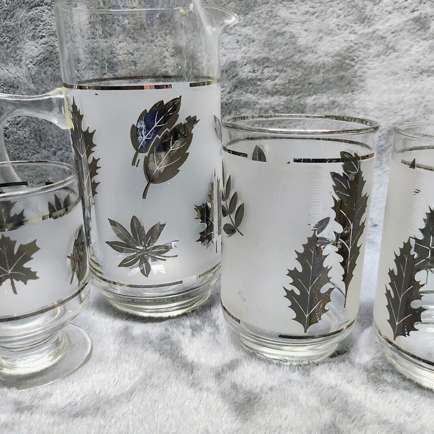 Vintage Libbey Frosted Silver Leaf Silver Foliage Pitcher & Glasses Bar Lot