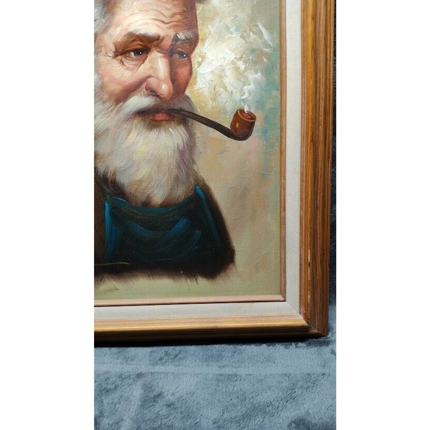 VTG Signed Benson Old Man Portrait Smoking Pipe Oil Canvas Painting Framed