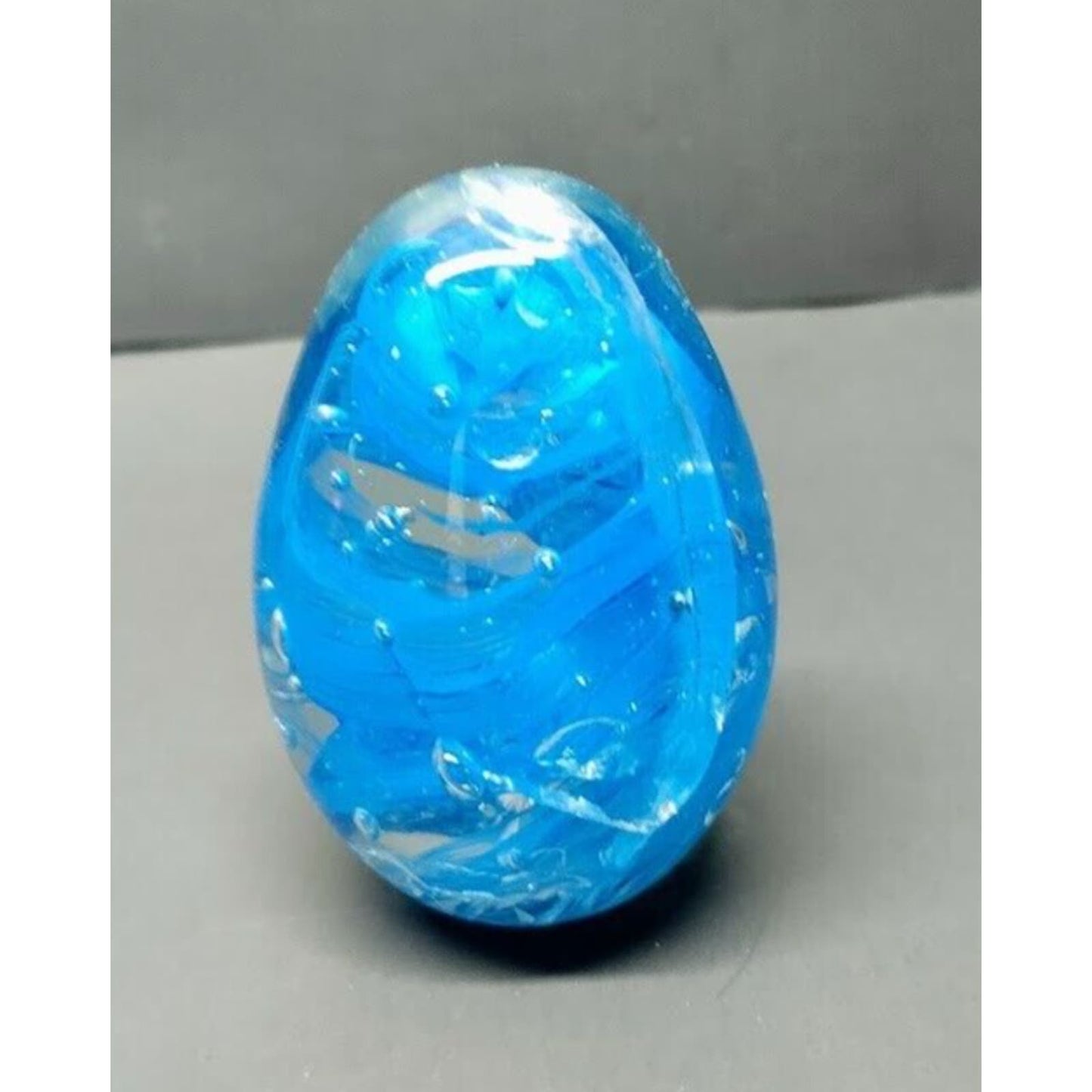 Vintage Glass Paperweight Egg Shape Blue Swirl With Bubbles 3 Inch