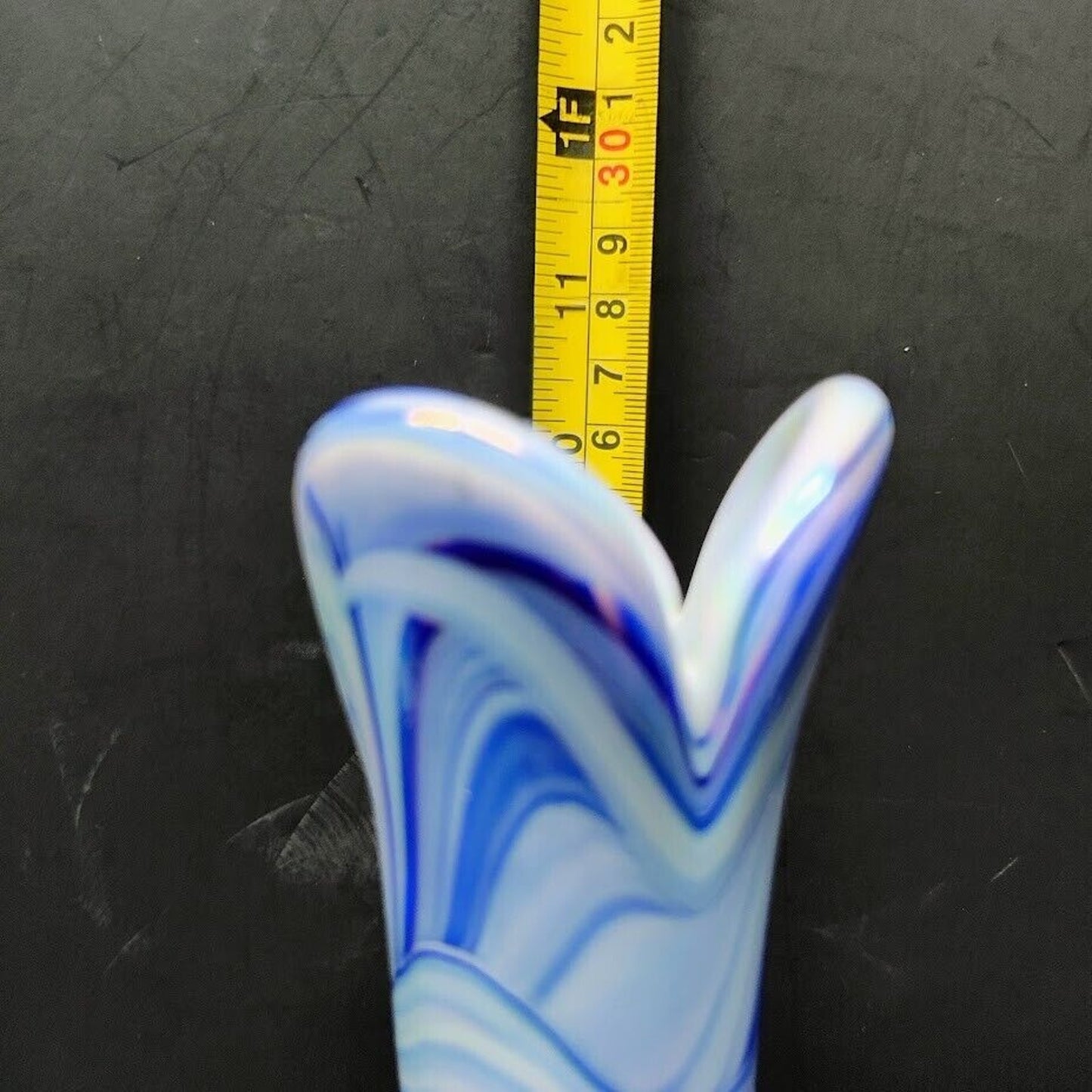 Unique Vintage Art Glass Vase Tall Blue White Swirls Vase 10.5in Tall