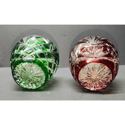 Emerald Green and Ruby Red Cut To Clear Bohemian Style candle holder Vintage