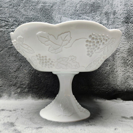 Vintage Gorgeous Pedestal Bowl Milk Glass Fruit Grapes Large Scallop Decorative