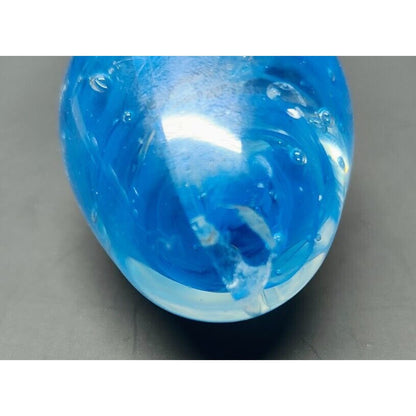 Vintage Glass Paperweight Egg Shape Blue Swirl With Bubbles 3 Inch