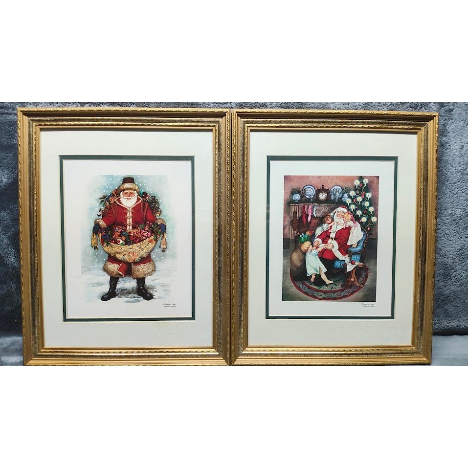 lot of 4 - Nadine Harper in Gold Frames and Matted Santa Claus Christmas Prints