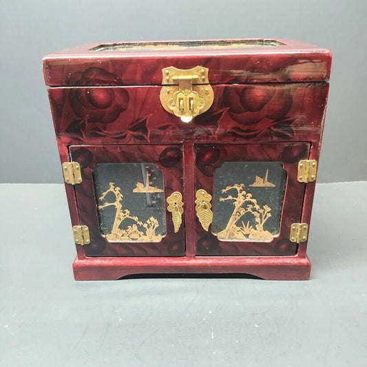 Vintage Asian Lacquer Wood Jewelry Box Cork Art Diorama Doors Red Rose Silk