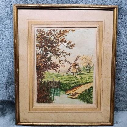 The Windmill 1930’s Genuine Colored Etching by Artist Pierre from Paris Etching